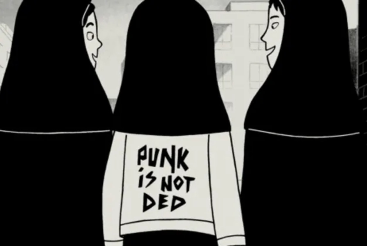 Black-and-white drawing of three Iranian girls, one wearing a "punk is not dead" jacket