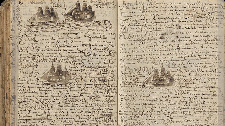 Open pages of a captain's sea log filled with handwriting and on left 3 black paintings of masted ships and on right one similar ship