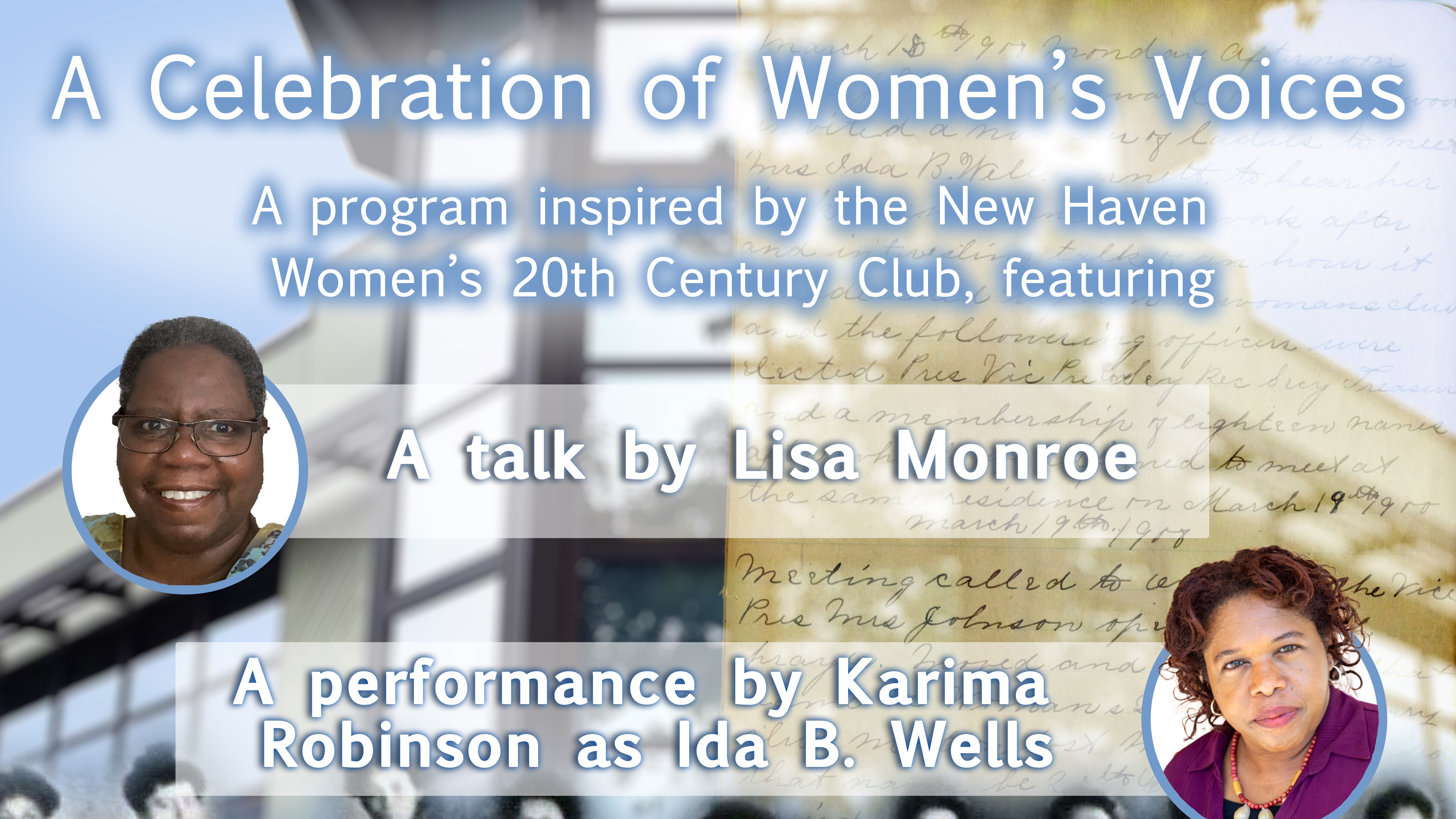 Detail of poster with title of event, with portraits of two women: speaker Lisa Monroe and performer Karina Robinson