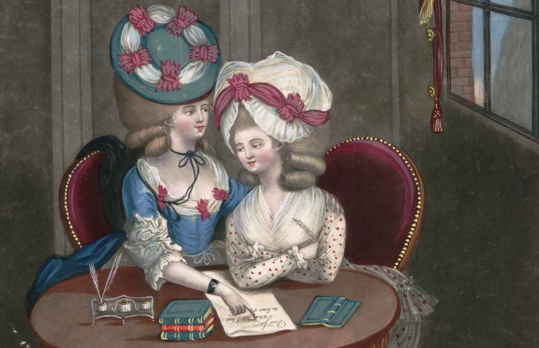 Two fashionably dressed young women looking over a letter together sit at a table beside a window in a well-appointed room 