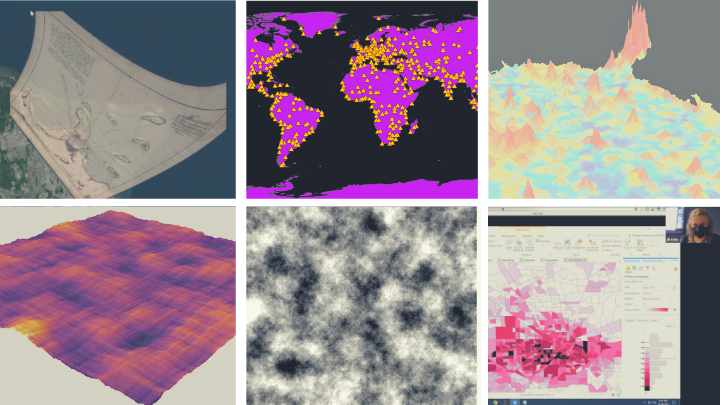 A collage of six images displaying spatial data visualizations