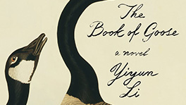 Detail of book cover, showing title of book in black script and the head of one black and white goose and the curved neck of another