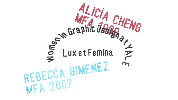 Graphic of black text in the center "Women in Graphic Design at Yale" with red text to the top right and blue text to the bottom left