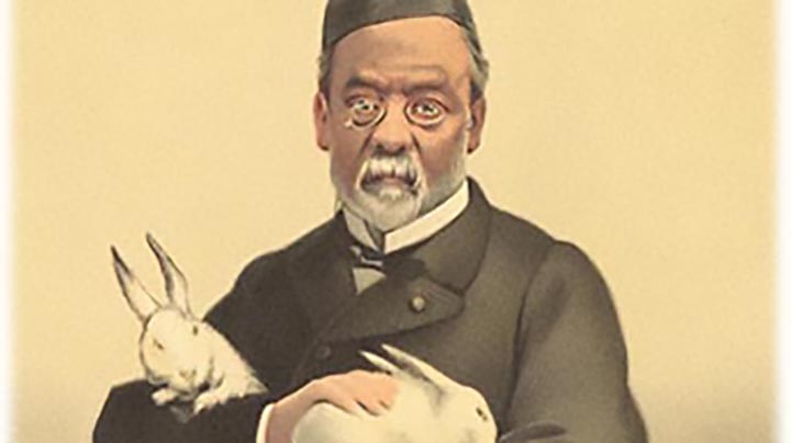 Colored illustration of Louis Pasteur, wearing black cap and jacket and holding two white rabbits, gazing directly at the viewer