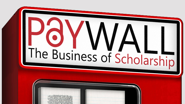Red booth with signage that reads: "Paywall: The Business of Scholarship"