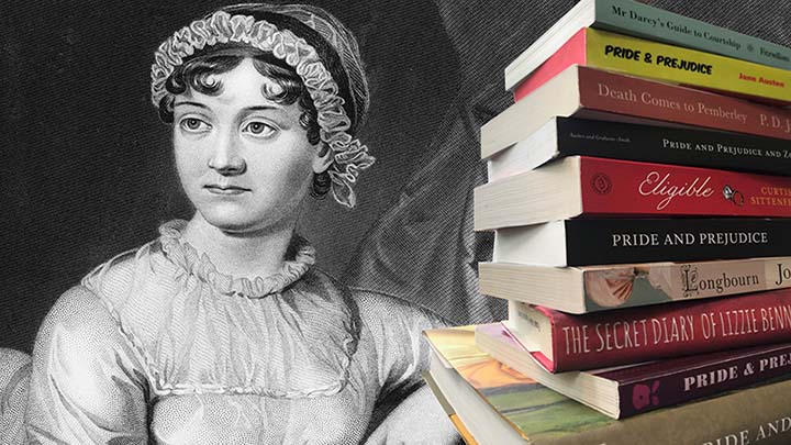 black and white cartoon image of Jane Austen and colored image of stacks of books 