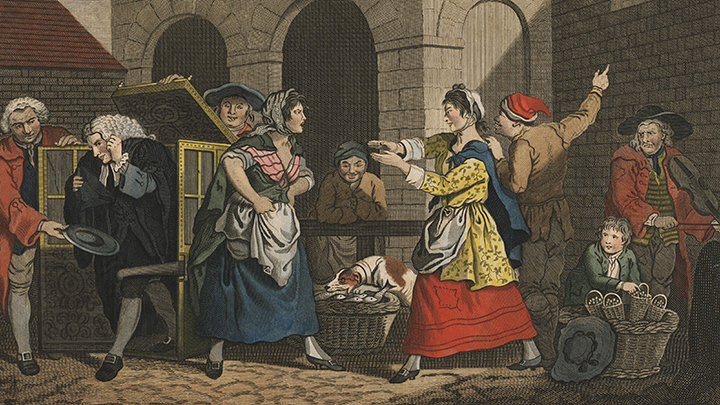 18th century color print showing two peasant women in marketplace arguing, men on either side of them frowning, one covering ears, a small boy and dog sit with wicker baskets nearby.
