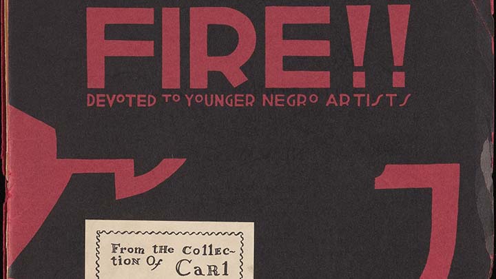 Detail of cover with black background and in red the words "Fire!! Devoted to Younger Negro Artists" and below on light brown square in black lettering "From the Collection of Carl..."
