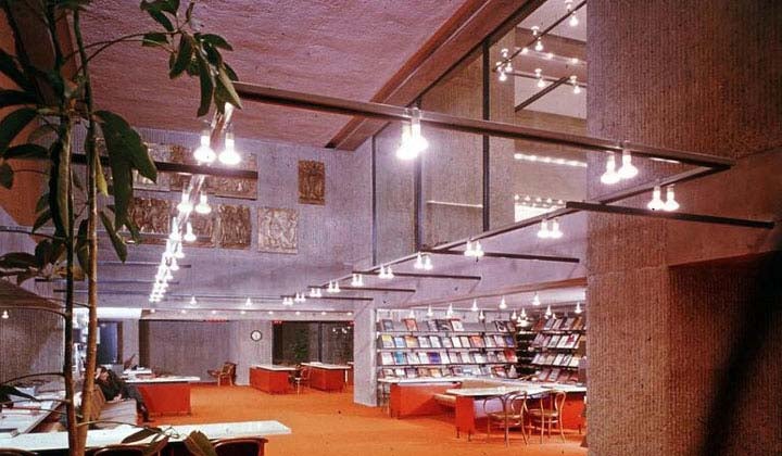 high-ceiled room with rectangle of suspended lights at half-level, orange carpets and desks. Shelves of books in alcove at right, student reading on couch at left with large green plant in foreground