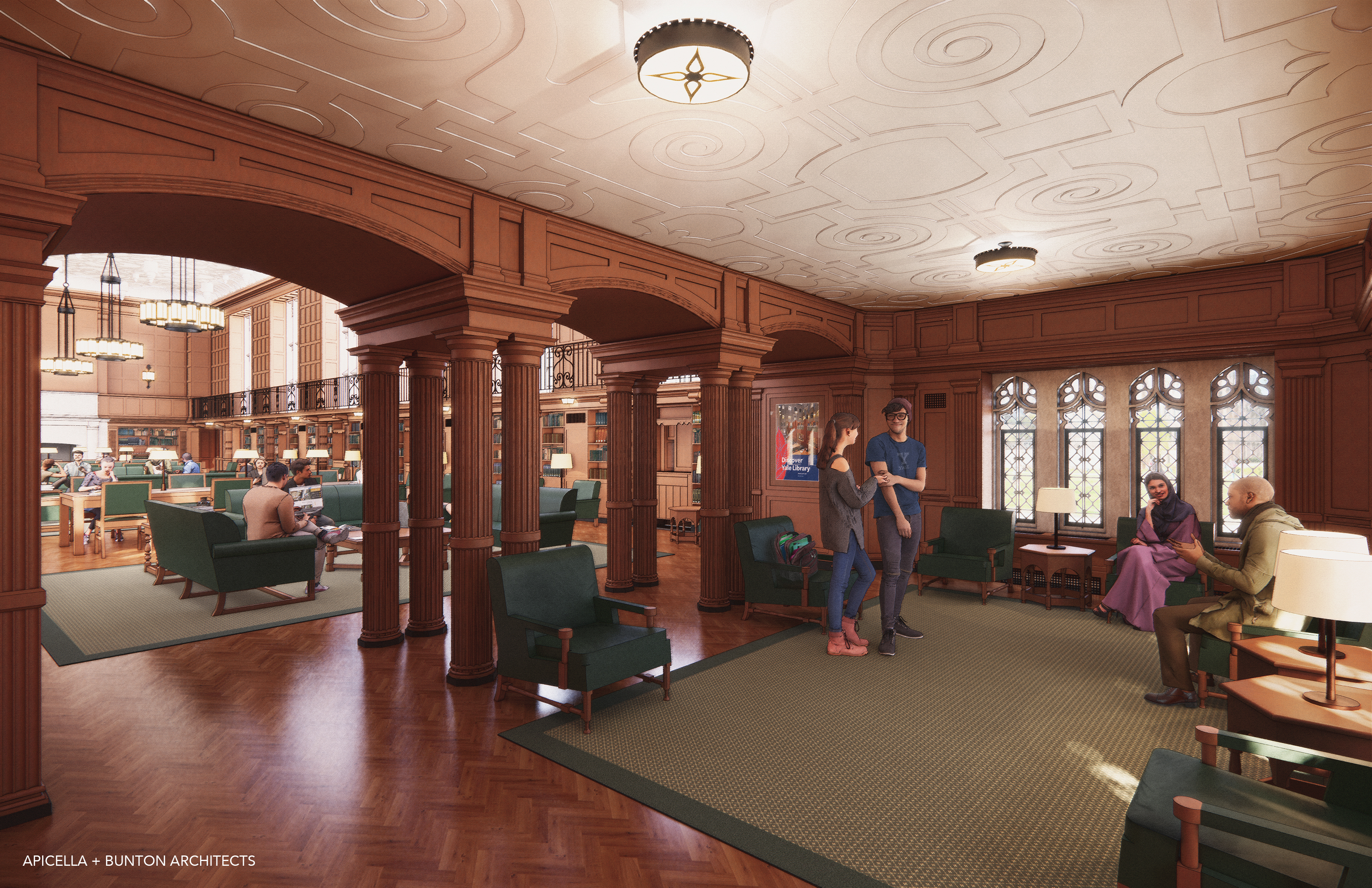 Rendering of renovated entry with windows and arched entrance and view into main reading room area through arches