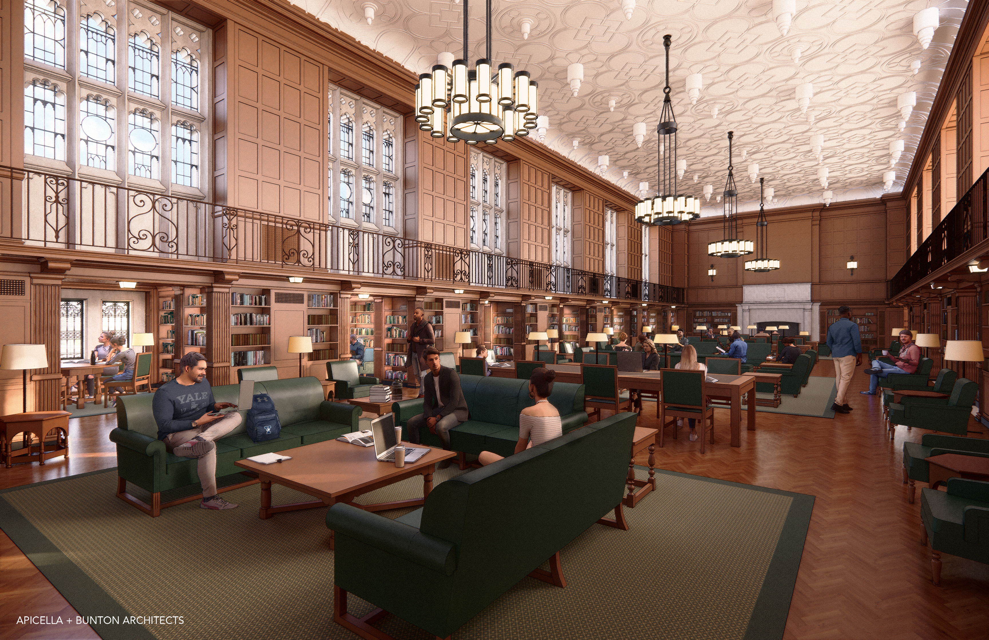 Architect's rendering of high-ceilinged, booklined reading room with Gothic windows, chandeliers green couches and library tables 