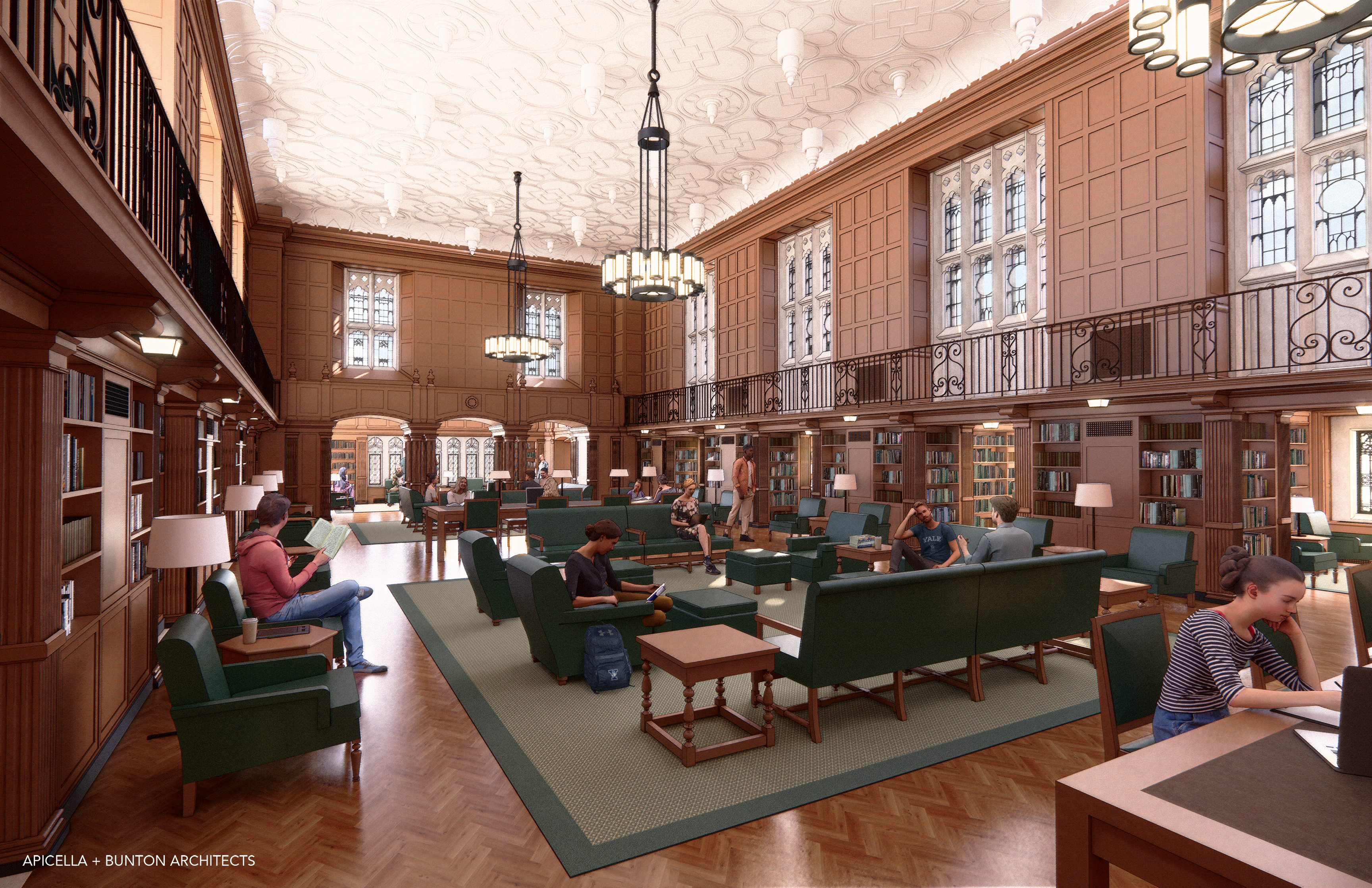 Architect's illustration of a large booklined reading room with upholstered couches, chandeliers, and Gothic style windows.