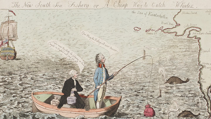 ng rod with a red bag as bait that reads "3 million" Two submerged whales swim toward the boat. A drawing of a seacoast is at far right and a masted ship is at far left.