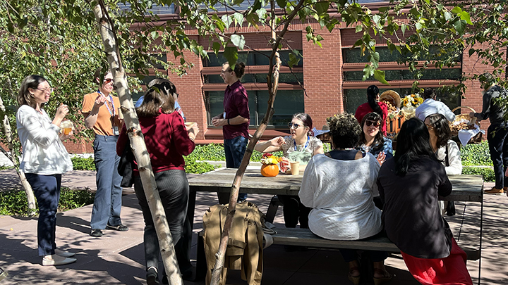 Table full of people in sunshine and shade under birch trees conversing. Five women sit at a picnic table with a pumpkin vase with flowers