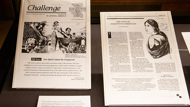 Two black and white newsletter pages on display. The page on left is titled "Chellenge" and has a line drawing of people protesting. The page at right has a line drawing of a woman in profile.