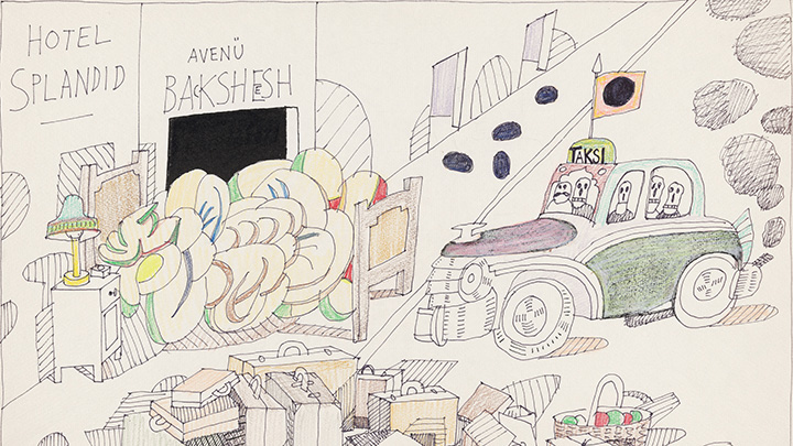 Colored line drawing of a "taksi" with five skeletal figures in it driving toward a bed in front of a sign that reads "Hotel Splandid" and "Avenu Backsheesh"