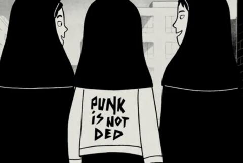 Black-and-white drawing of three Iranian girls, one wearing a "punk is not dead" jacket