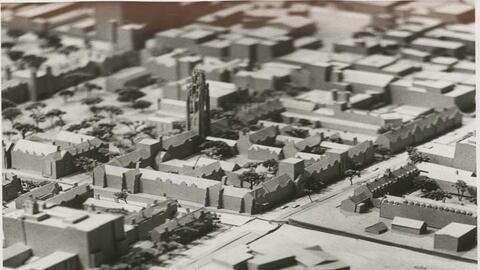 Black and white image of architectural model of Yale campus 