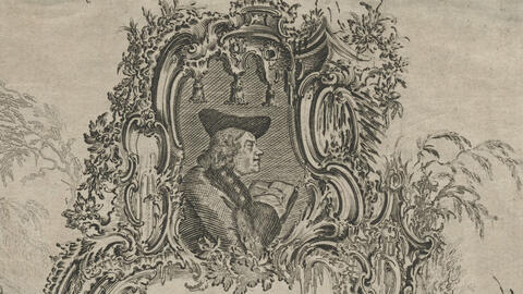 Detail of drawing by Hogarth, showing man in profile surrounded by a circular frame
