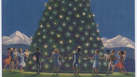 cartoon image of people holding hands around the lighted Christmas tree