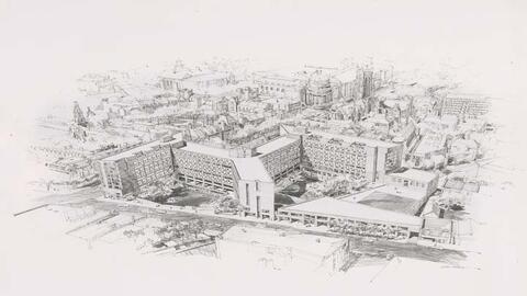 back and white Drawing of residential colleges 