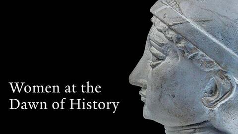 A head sculpture and Women at the Dawn of History text in black background 