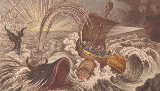 19th century color print of boat full of men being tossed by waves with whale with horns and open mouth alongside and floating barrel in waters