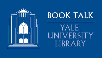 Blue ground with white line drawing at left of front of Sterling Memorial Library. Also shown in white lettering at right are the words "Book Talk" with a line below them. Below the line are the words in light blue lettering "Yale University Library"
