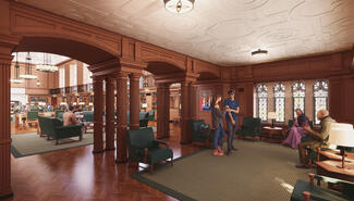 Rendering of renovated entry with windows and arched entrance and view into main reading room area through arches