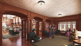 Panoramic view of room with wood arches and pillars and white patterned ceiling opening up to larger room with green chairs, bookshelves and round chandeliers. Two couple converse in the front foyer.