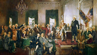 Painting of a roomful of men in period dress, with four flags at one end of room, windows with dark green curtains and an elaborate chandelier overhead