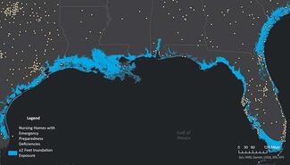 Digital map showing southern US--Florida to Texas--with coastline in blue and white dots on the black landmass. Legend shows that dots are Nursing Homes with Emergency Preparedness Deficiencies. Blue indicates 2 feet or more of inundation exposure.