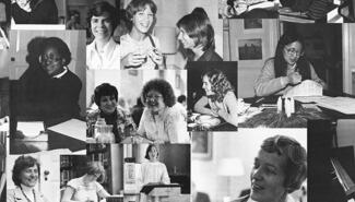 Collage of black and white photos of twelve women, talking, posing, laughing