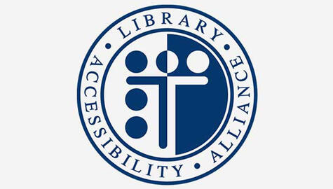 Dark blue round logo on blue and white ground that reads "Library Accessibility Alliance" in outer circle. At center is a graphic that shows diagram of figure in blue and white.