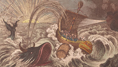 19th century color print of boat full of men being tossed by waves with whale with horns and open mouth alongside and floating barrel in waters