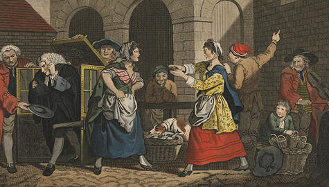 18th century color print showing two peasant women in marketplace arguing, men on either side of them frowning, one covering ears, a small boy and dog sit with wicker baskets nearby.