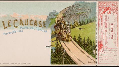 Painted ticket that shows five people in Victorian dress riding down a roller coaster from the mountains. Pine trees and birds are visible below them. To left is the name of the ride "Le Caucase: Porte des Ternes Porte Maillot". in brown and blue type across mountain range. On the right in red ink is the ticket stub for the ride with a drawings of a woman holding the printed pass.