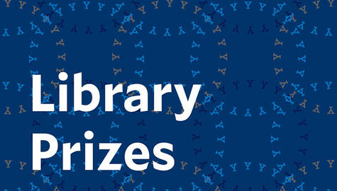 Blue background on a graphic that reads "Library Prizes" with background circles made of the letter Y, in light blue and brown