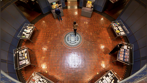 Aerial view of the Medical Library rotunda showing display cases
