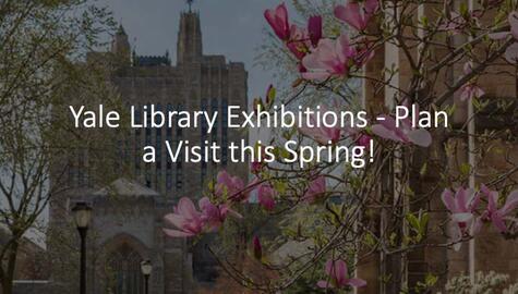 Front view of neo-gothic building with blooming cherry blossoms in foreground. Text in white reads "Yale Library Exhibitions--Plan a Visit this Spring!"