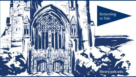 Blue and white illustratiion of the front doors of Sterling Library