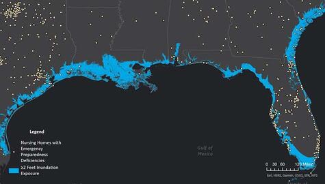 Digital map showing southern US--Florida to Texas--with coastline in blue and white dots on the black landmass. Legend shows that dots are Nursing Homes with Emergency Preparedness Deficiencies. Blue indicates 2 feet or more of inundation exposure.