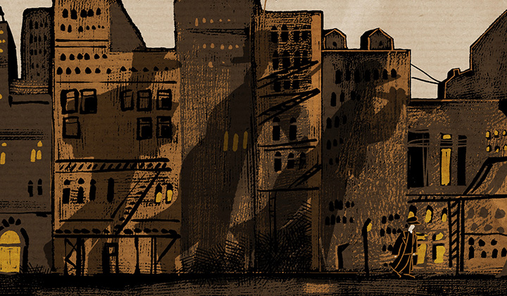 Image from the animated film shows a series of brown buildings, outlined in black, with the tall shadows of three musicians projected against their facades. In the foreground a small figure in black clothing walks in front of the musician shadows that parade behind.