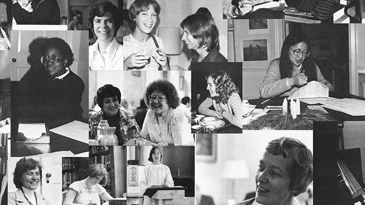 Collage of black and white photos of twelve women, talking, posing, laughing