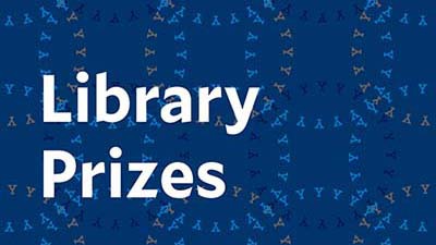 White text on blue figured background reads: "Library Prizes".