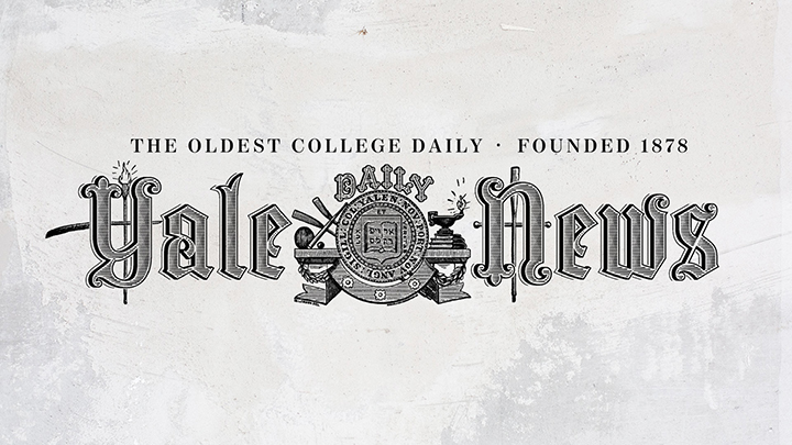 Logo of "Yale Daily News" in shaded Gothic script, at center below the word "Daily" is a wound medallion with two balls, a baseball bat, and two oars to the left and a lit lantern to the right. Text above  reads "The oldest college daily, founded 1878"