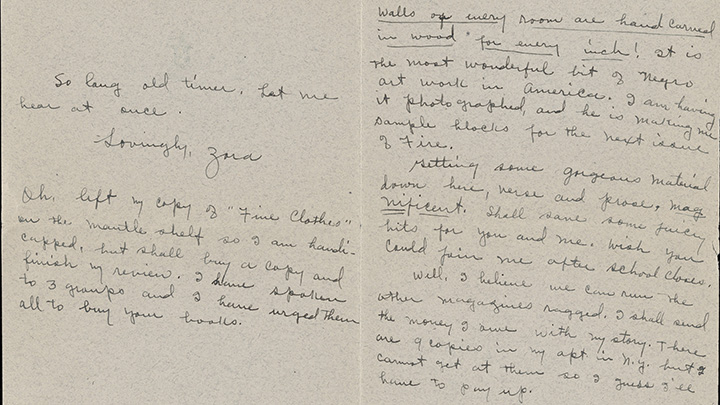 Two pages of handwritten letter from Zora Neale Hurston that reads in part "So long old timer, let me know at once"